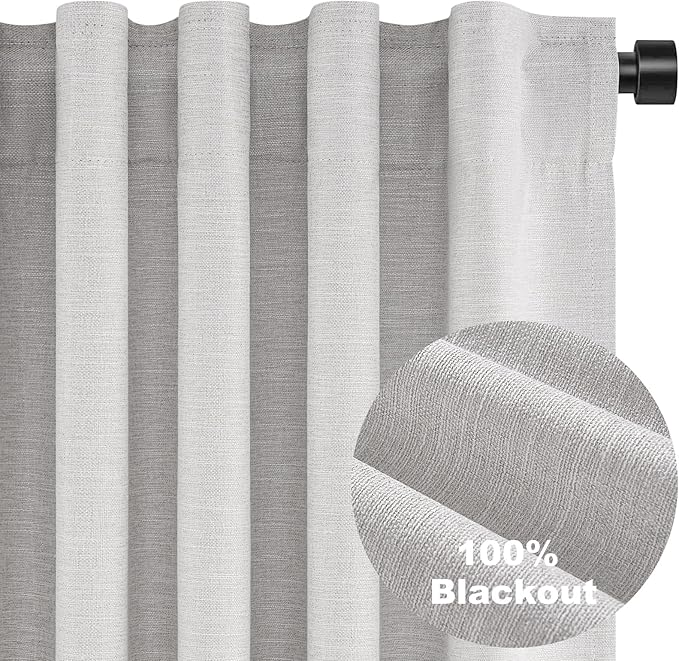 Topfinel 84 Inch Longth 40 Inch Wide 100% Blackout Linen Curtains 2 Panels Set for Bedroom Back Tab Rod Pocket Pleated Thermal Insulated Energy Efficient Grey Beige (40" W x 84" L 2 Panels)