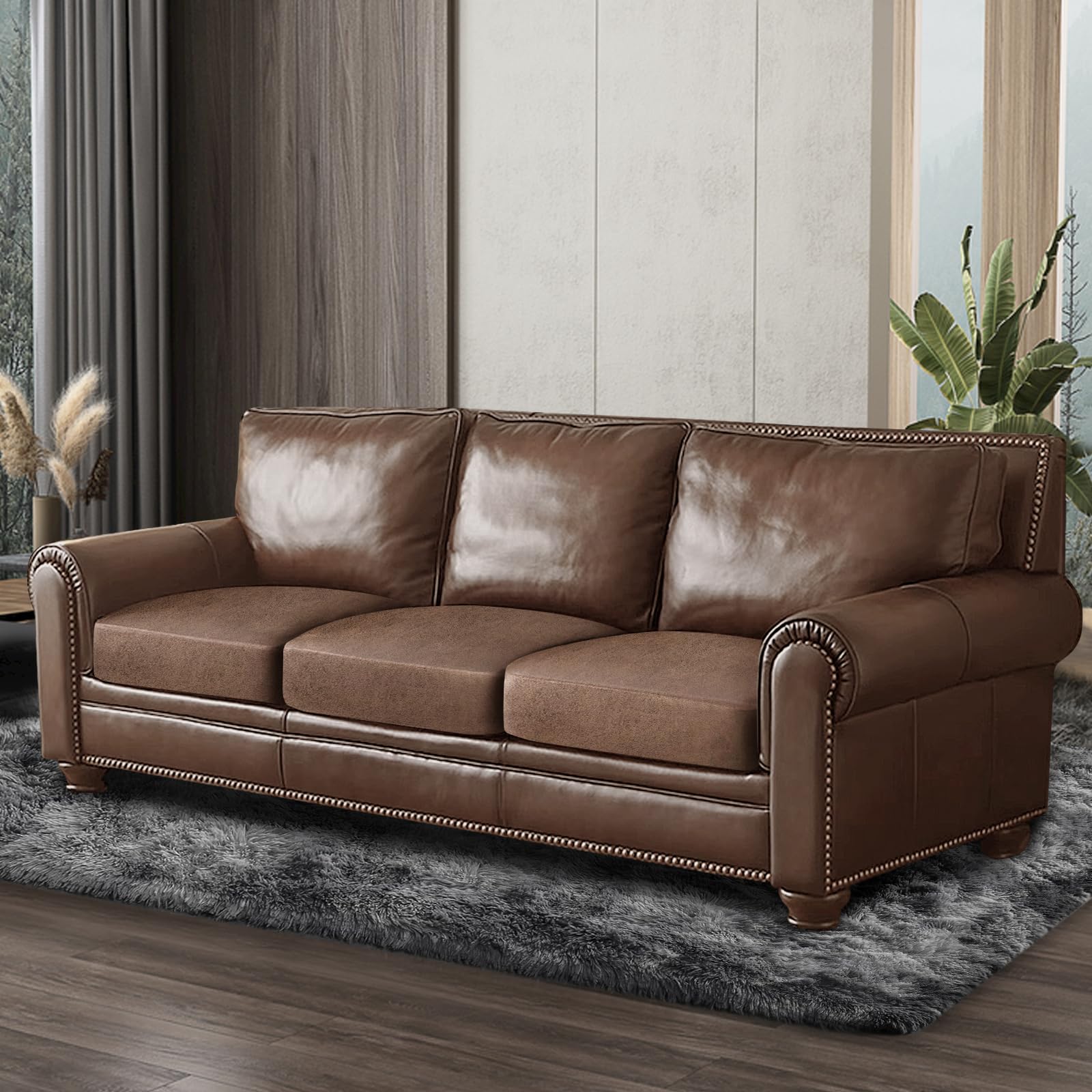 ANARACHON Leather Look Couch Cushion Covers Sofa Seat Slipcovers Sets Couches Furniture Protector for Sectional Armchair Loveseat Pets Kids Stretch Spandex Fabric (3 Cushion XL Sofa, Brown)