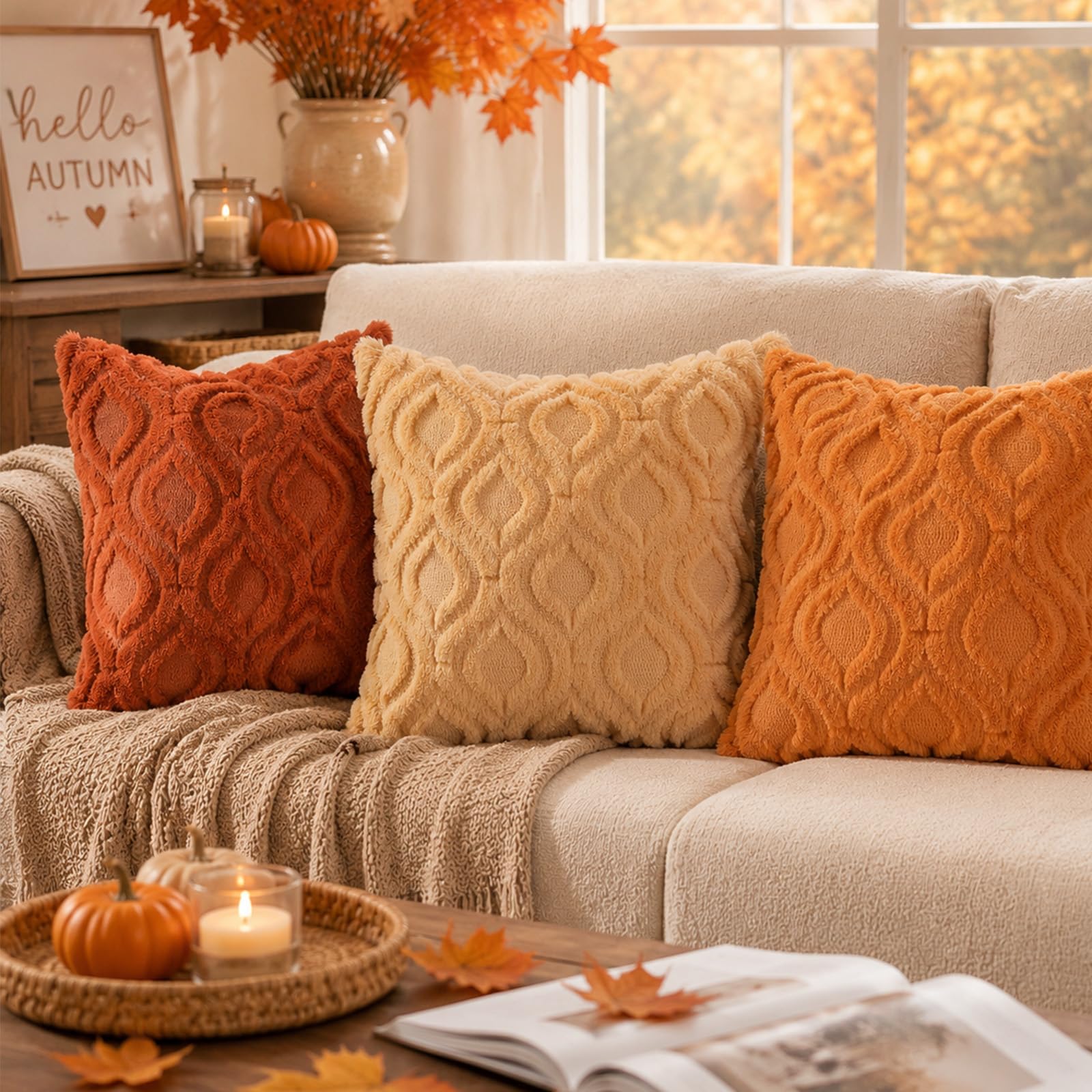 decorUhome Faux Fur Plush Soft Rust Throw Pillow Covers 16x16 Set of 2