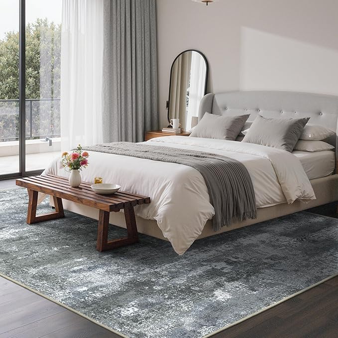Area Rugs 8x10 for Living Room Bedroom, Modern Abstract Machine Washable Rug, Large Soft Low Pile Floor Carpet with Non Slip Backing for Dining Room, Silver Grey