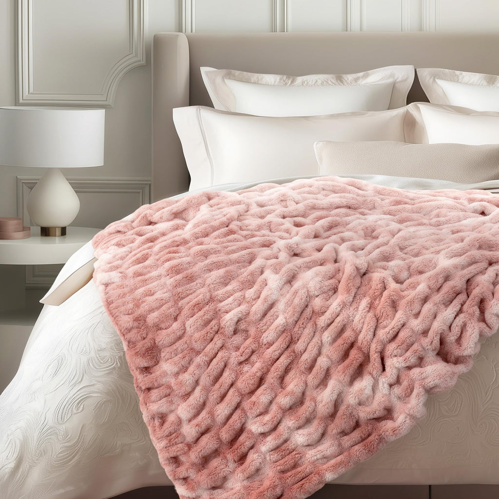 blunique Luxury Faux Rabbit Fur Throw Blanket 50x60, Ultra Soft Double Sided Plush Throw for Couch, Sofa, Bed and Living Room, Cozy Fluffy Decorative Blanket, Tie-Dye Pink