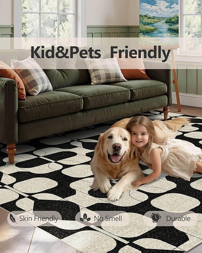 Latte&Fog 8x10 Area Rugs for Living Room, Large Vintage Washable Rug, Boho Non Slip Low Pile Carpet for Indoor Bedroom, Dining Room, Office, Dorm, Classroom, Farmhouse and Kids Room - Black Beige