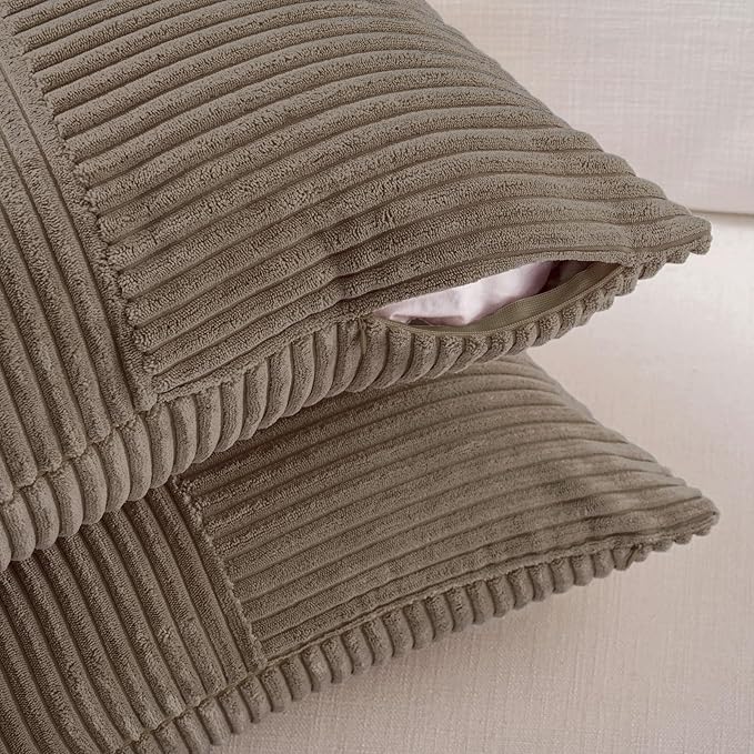 Fancy Homi Set of 2, Light Brown Patchwork Corduroy Decorative Soft Striped Modern Accent Cushion Case Farmhouse Boho Neutral Throw Pillow Covers for Chair Couch Bed Sofa Living Room 24x14 Inch