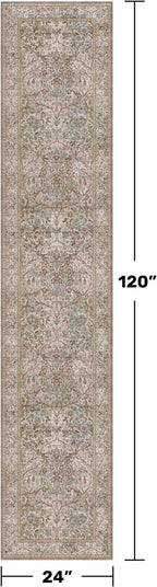Hazo Haus Non Slip 2x10 Moss Green Hallway Runner - 10ft Long Runner Rugs, Washable Kitchen Floor Mat - Vintage Brown Taupe Neutral Floral Design Décor