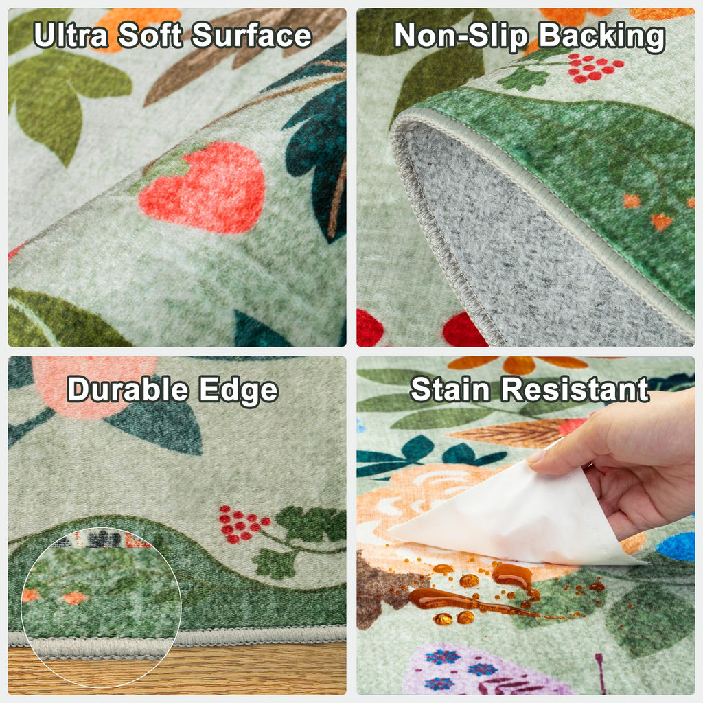PLHXFR 8x10 Area Rug Living Room: Floral Washable Boho Soft Carpet Green