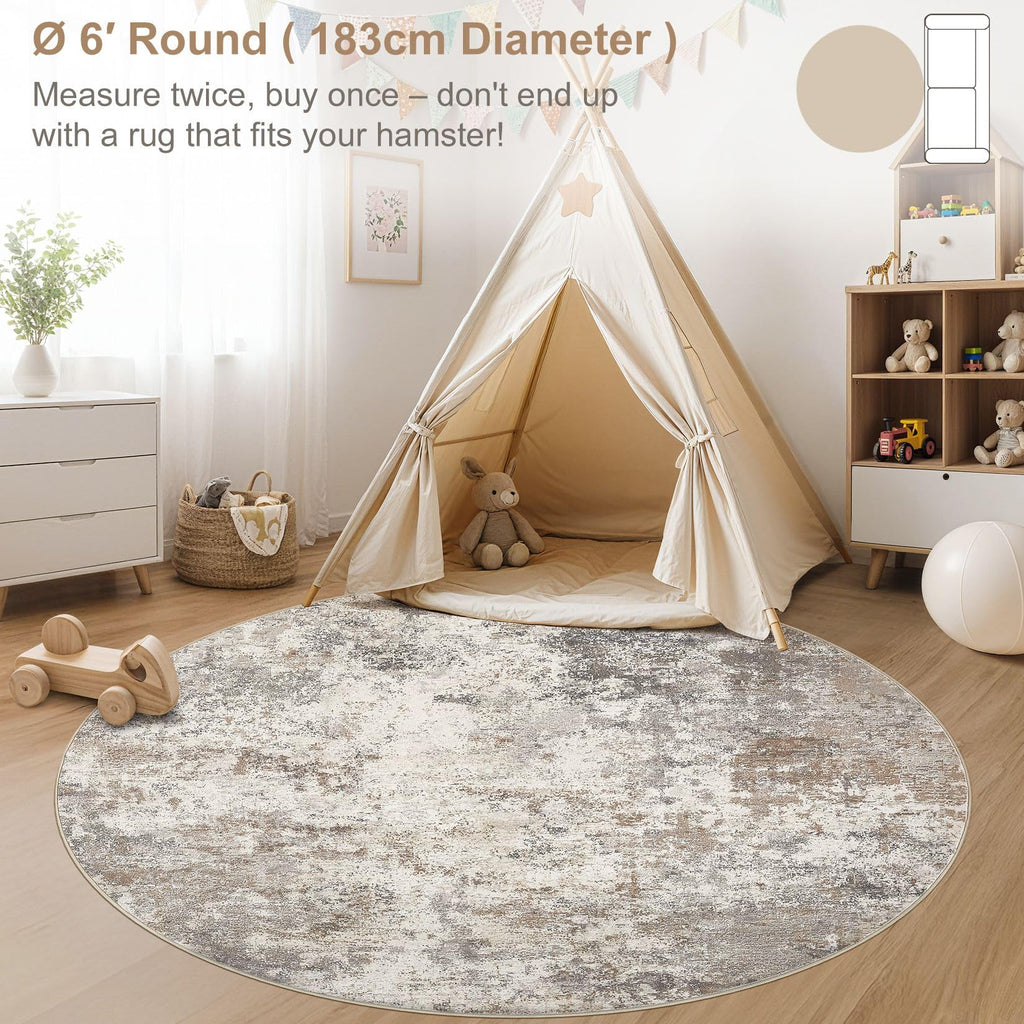UERMEI 6ft Round Area Rug Living Room Rugs - 6x6 Washable Neutral Modern Abstract Soft Thin Rug Indoor Floor No Slip Rug Carpet for Bedroom Under Dining Table Home Office Decor - Brown Grey