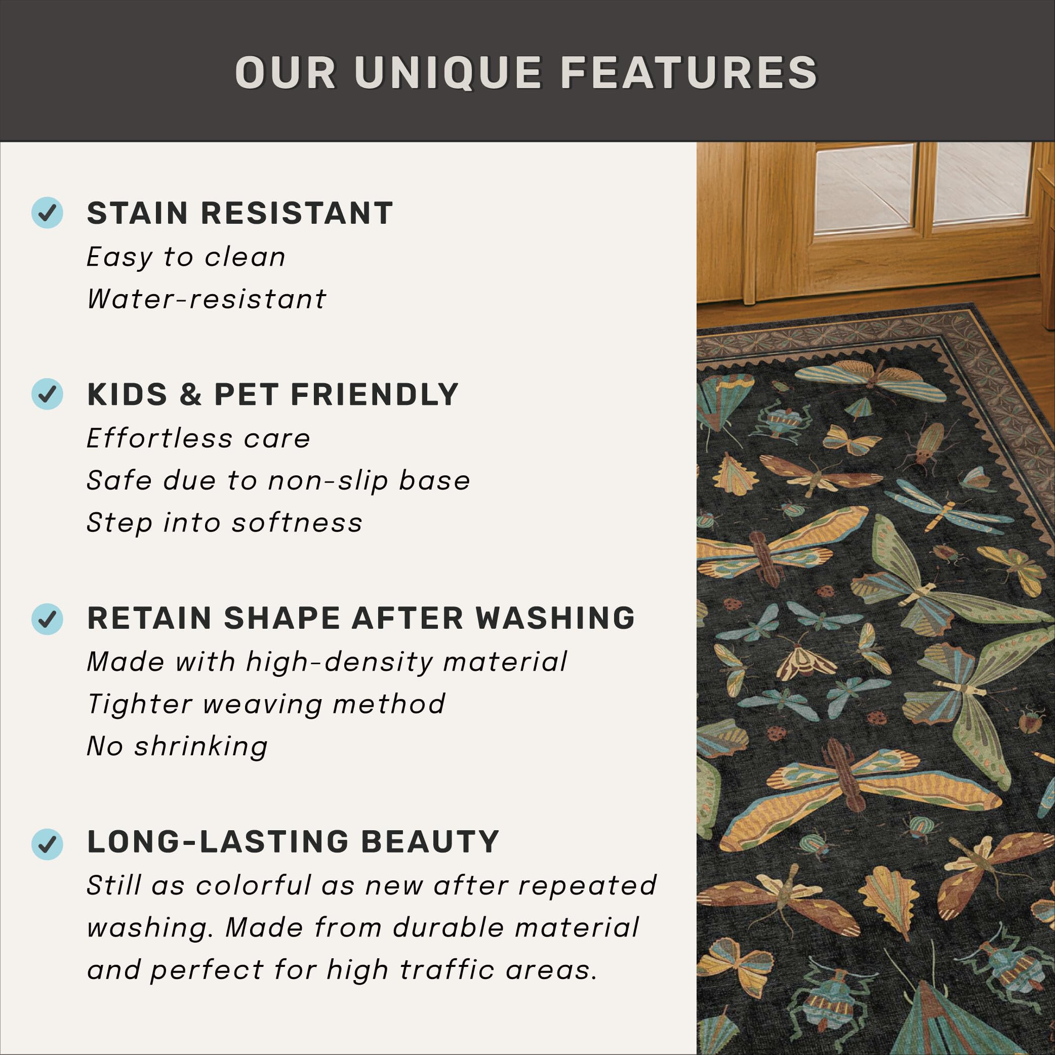Black Insect 2'6"x12' Washable Extra Long Runner Rugs for Hallways, Non Skid Stain Resistant Wide Rug Runners for Kitchen, Entryway, Mudroom, Dark Cottagecore Boho Butterfly Pattern Indoor Décor