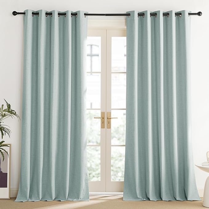 NICETOWN 100% Absolutely Blackout Linen Curtains with Thermal Insulated Liner, Seafoam Green, 62" Wide, 120" Length Energy Saving Curtains for Living Room 2 Panels Set, Vertical Blinds