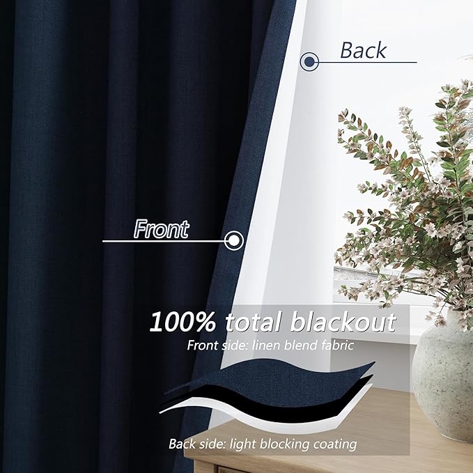Guken Navy Blue 100% Blackout Curtains 72 Inch Length 2 Panels Set for Living Room Bedroom Back Tab Thermal Insulated Black Out Linen Drapes Room Darkening Window Curtains 72 Inches Long