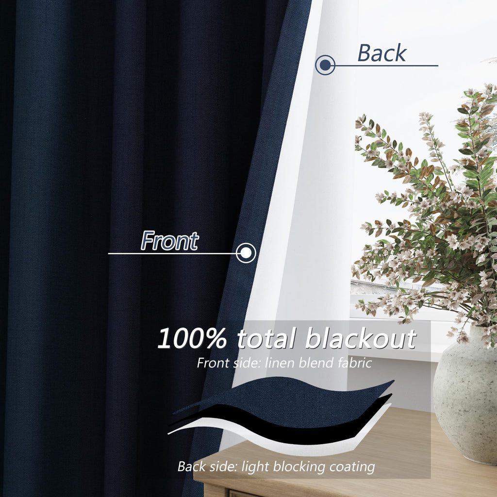Guken Navy Blue 100% Blackout Linen Curtains 63 Inch Length 2 Panels Set for Living Room Bedroom Back Tab Thermal Insulated Black Out Drapes Room Darkening Farmhouse Window Curtains 63 Inches Long