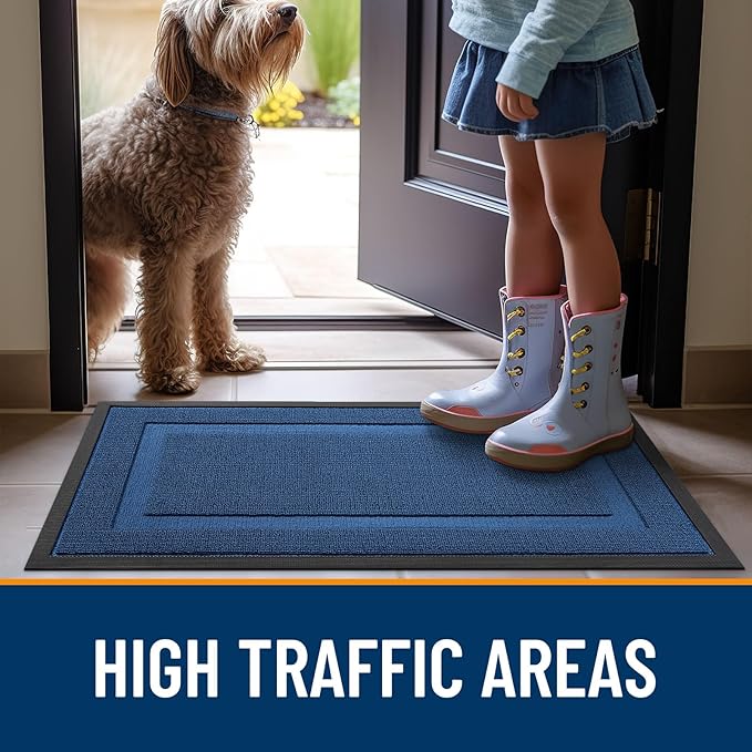 OLANLY Front Door Mat Indoor Outdoor Entrance, Waterproof All-Season, All-Weather Doormat, Sturdy Natural Rubber, Low Profile, Easy Clean Patio Porch Entryway Mat, 47x23, Navy Blue