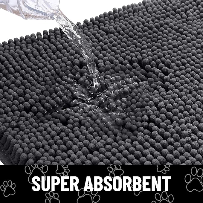 Smiry Dog Door Mat for Muddy Paws, Absorbent Dirt Trapper Non Slip Quick Dry Washable Chenille Mat for Mud Dogs, Entry Rug for Indoor and Outdoor (54x32 Inches, Dark Grey and White)