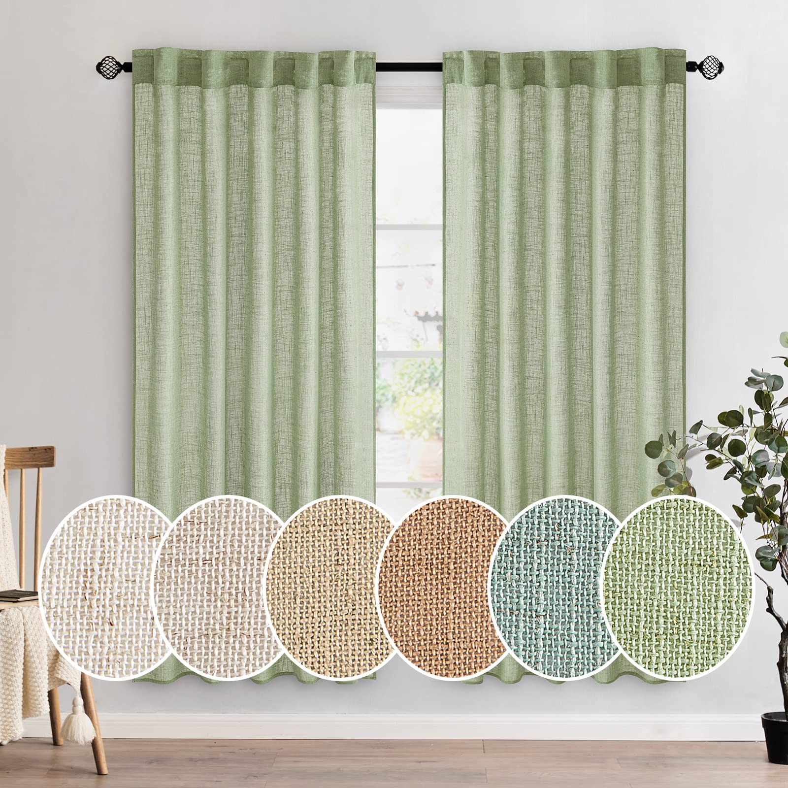 MIULEE Sage Green Linen Curtains 52x72 Inch Length for Bedroom Living Room