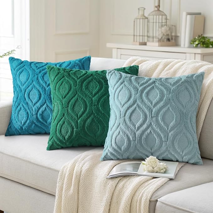 decorUhome Summer Throw Pillow Covers 26x26 Inch Set of 2, Soft Plush Faux Wool Aqua Solid Couch Pillow Covers, Accent Euro Sham Farmhouse Neutral Square Pillow Cases for Sofa Bed Living Room