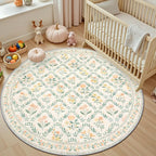 Round Area Rug for Living Room: 4 ft Floral Washable Circle Rug Soft Non-Slip Carpet Indoor Stain Resistant Low Pile Small Circular Rug for Bedroom Entryway Kitchen Nursery Home Office Beige/Multi