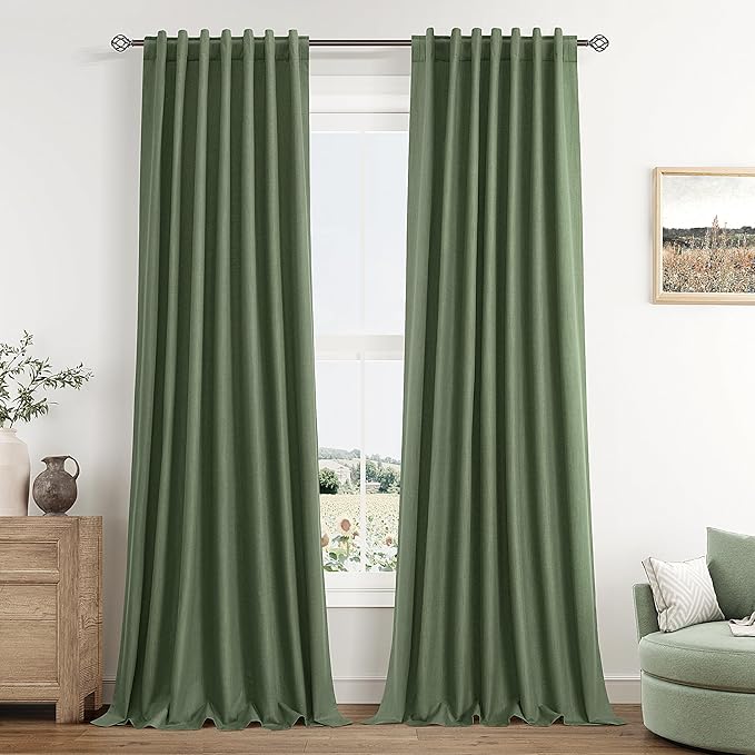 Guken Olive Green 100% Blackout Curtains 108 Inch Length 2 Panels Set for Living Room Bedroom Back Tab Thermal Insulated Black Out Linen Drapes Room Darkening Window Curtains 52x108