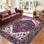 SERISSA Area Rug 3x5 Boho Rugs for Bedroom, Washable Non-Slip Living Room Rug, Ultra Soft Print Distressed Vintage Burgundy Navy Rug Low-Pile Throw Carpet for Entry Kitchen Nursery Dorm Decor