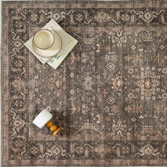 3x5 Washable Area Rug for Entryway Vintage Brown Non Slip Low Pile Carpet Traditional Retro Soft Throw Rug for Entrance Bathroom Door Mat Indoor Dorm Dining Room