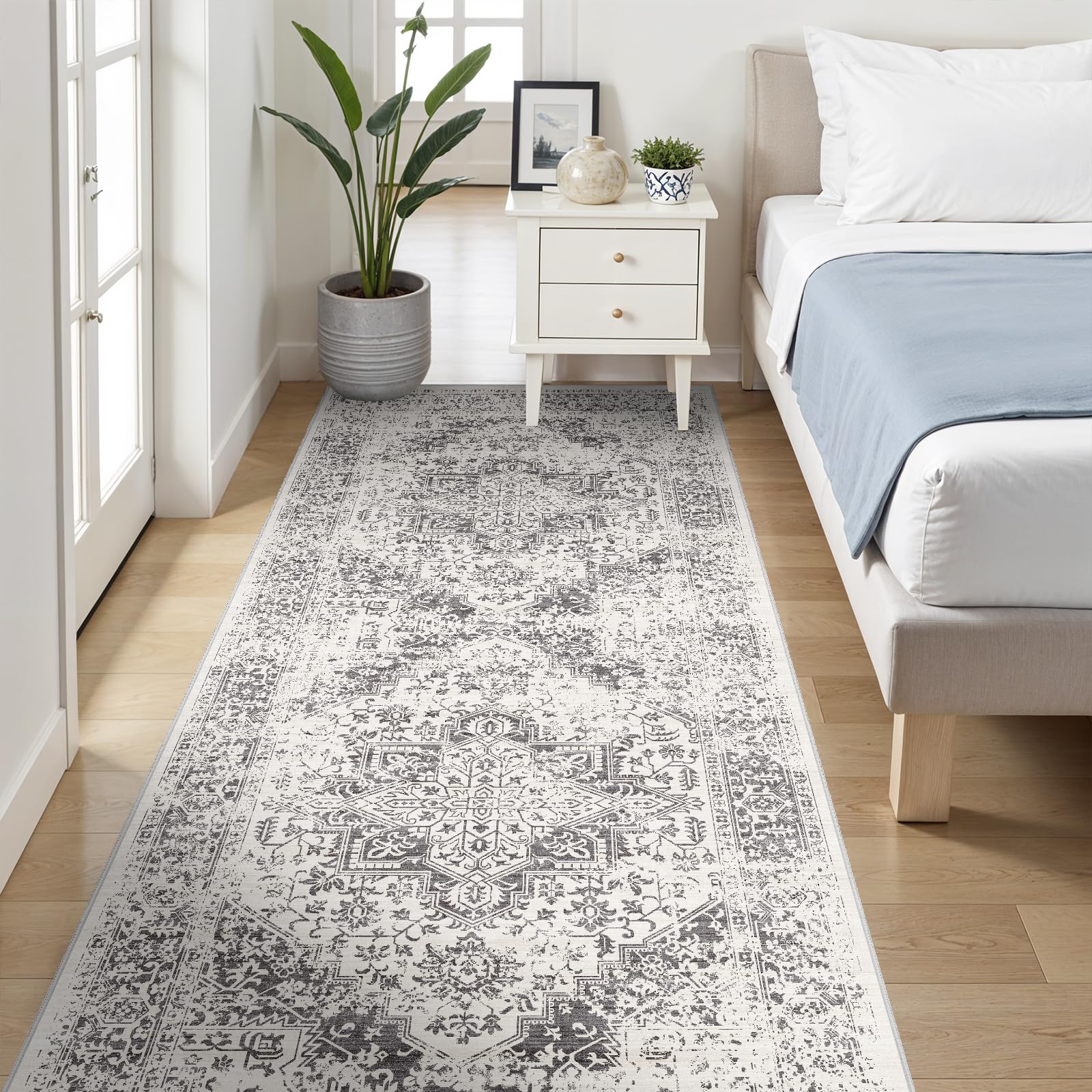 EISUROM 4x8 Washable Hallway Runner Rug: Vintage Wide Low Pile Rugs Gray
