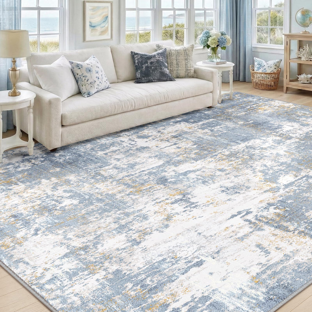 RELEANY Washable 9'x12' Abstract Area Rug for Living Room Light Blue