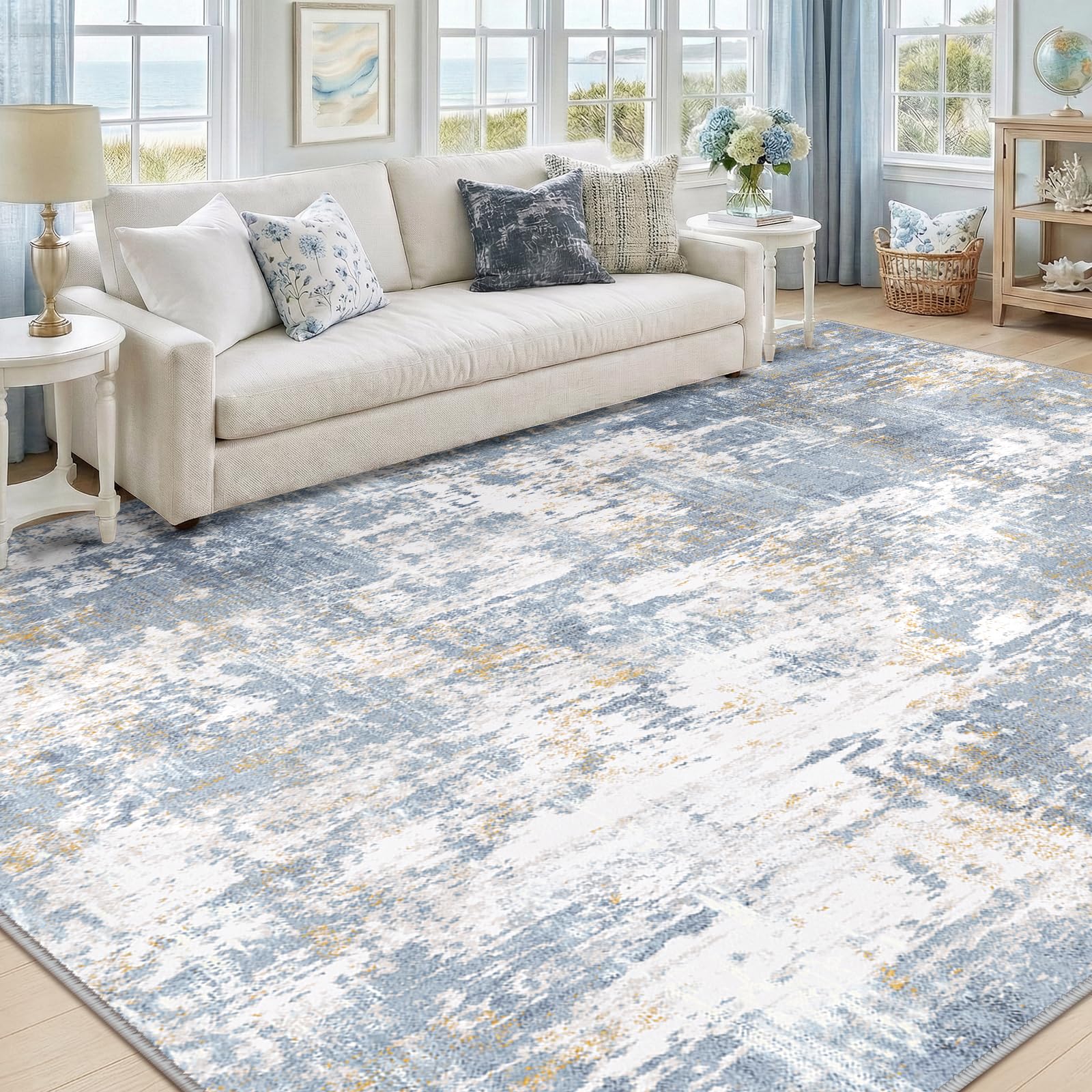 RELEANY Washable 9'x12' Abstract Area Rug for Living Room Light Blue