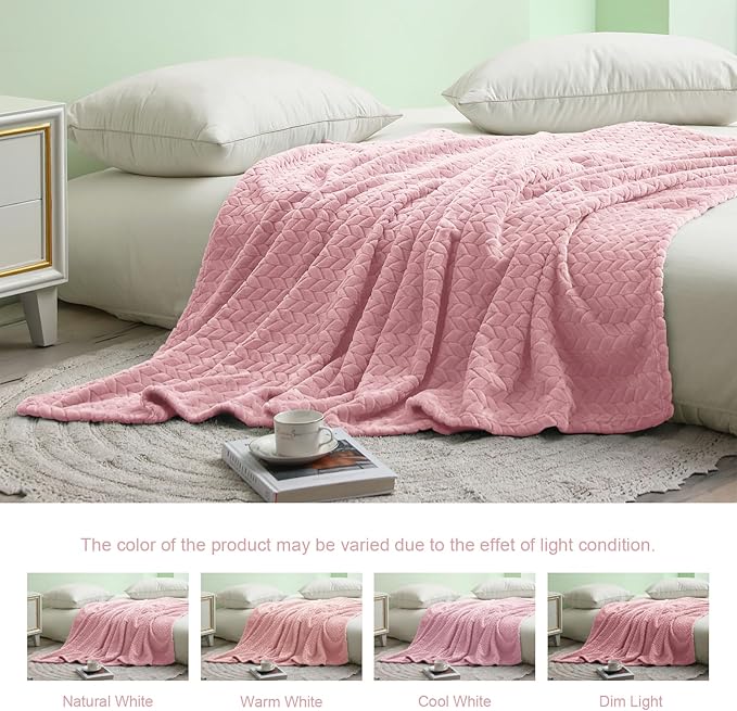 Exclusivo Mezcla Fleece Twin Size Blanket for Bed, 90x66 Inches Soft Cozy Jacquard Flannel Blankets, Lightweight Fuzzy Plush for Women, Pink