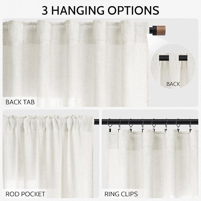 Nanspring Neutral Linen Curtains 108 Inches Long for Living Room Linen Sheer Curtain Back Tab Coastal Modern Farmhouse Floor to Ceiling Drapes for Bedroom Office High Window 52x108, 2 Panels