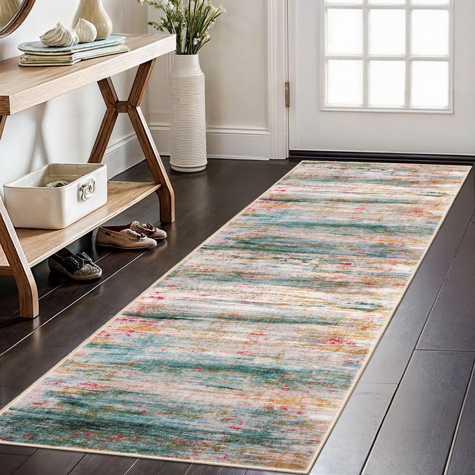 KOZYFLY Modern Abstract Kitchen Runner Rug, 2x6 Washable Rug Runner Non-Slip Soft Hallway Runner Rugs, Green Print Carpet Runner for Entryway Bathroom Laundry Room Foyer