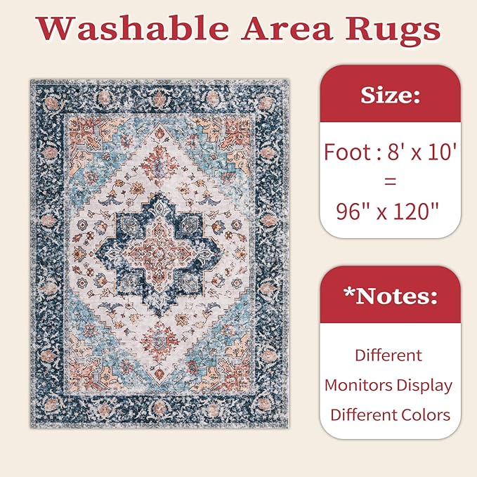 SERISSA 8x10 Washable Non Slip Boho Area Rug for Living Room，Blue Orange