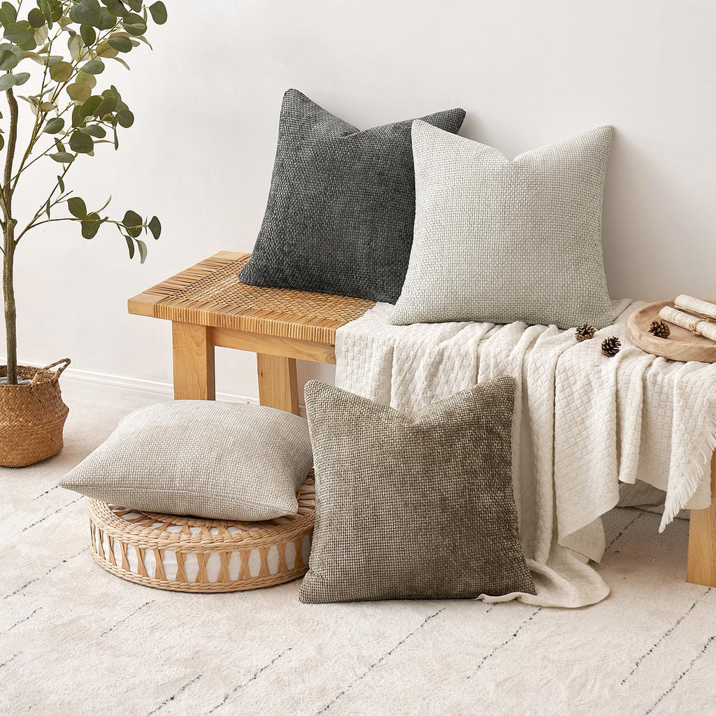 MIULEE Soft Decorative Chenille Pillow Covers Neutral 18x18 Pack of 4