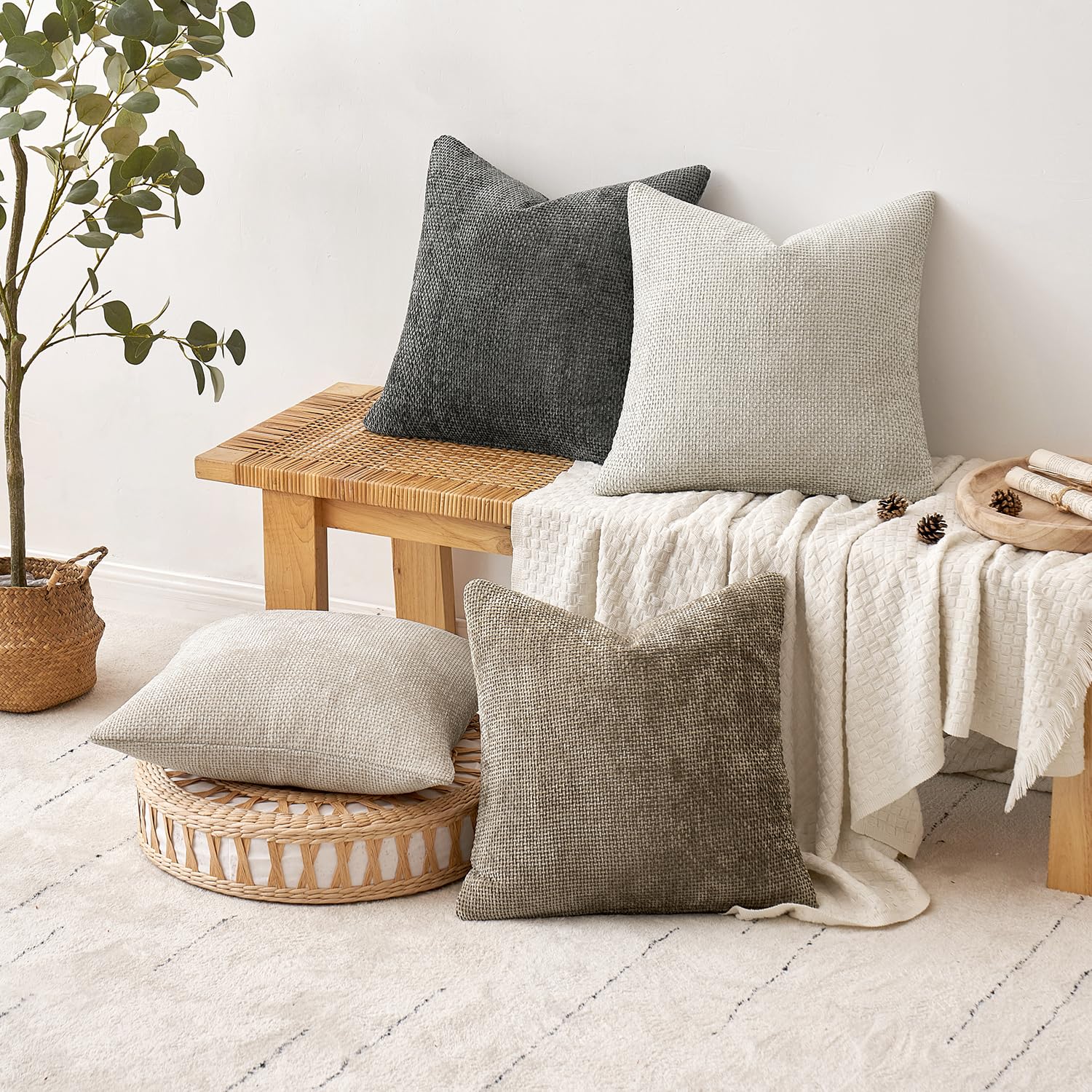 MIULEE Soft Decorative Chenille Pillow Covers Neutral 18x18 Pack of 4
