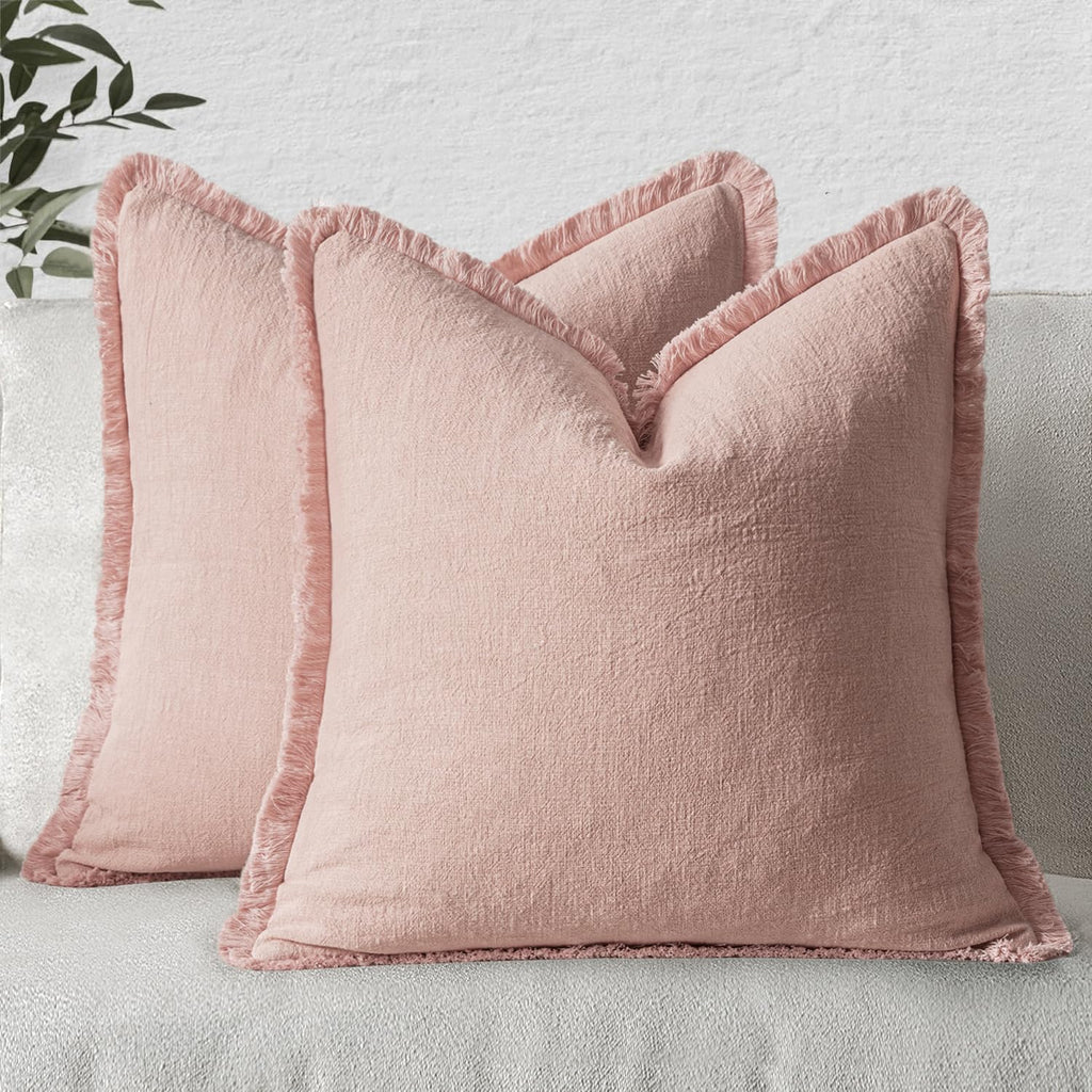MIULEE Boho Linen Fringe Decorative Throw Pillow Covers Pink 18x18