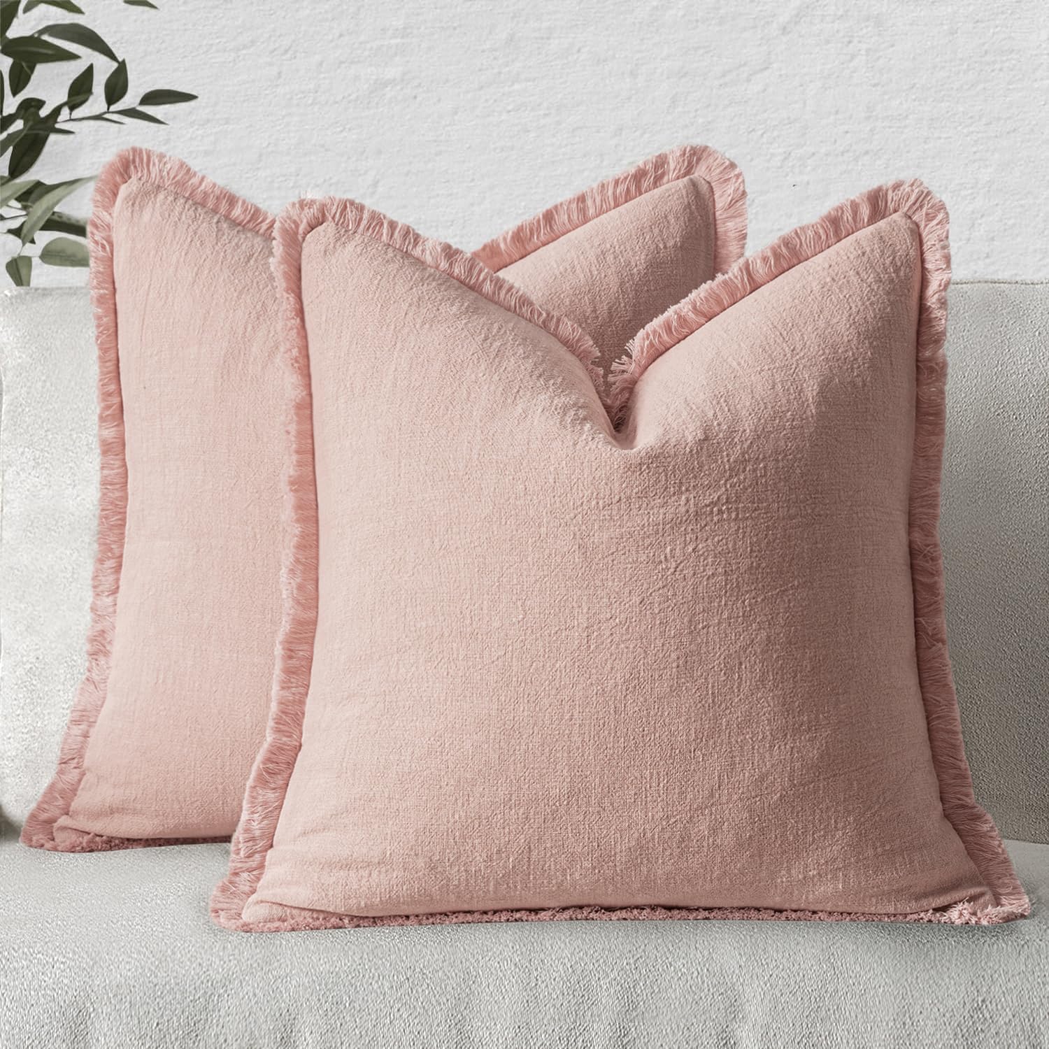 MIULEE Boho Linen Fringe Decorative Throw Pillow Covers Pink 18x18