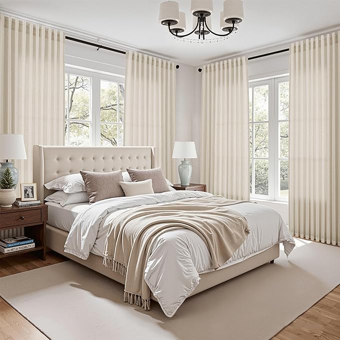 Nanspring Living Room Curtains 63 Inch Length Linen Birch Beige Luxury Light Filtering Semi Sheer Curtain Back Tab Modern Farmhouse Decor Elegant Coastal Drapes for Bedroom Office 52x63, 2 Panels