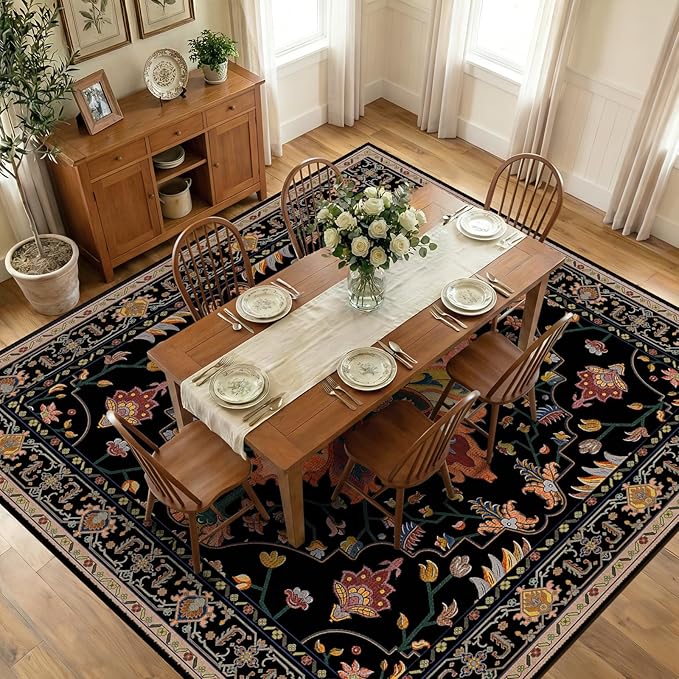 RELEANY Washable Area Rug, Square 10'x10', Black/Colorful
