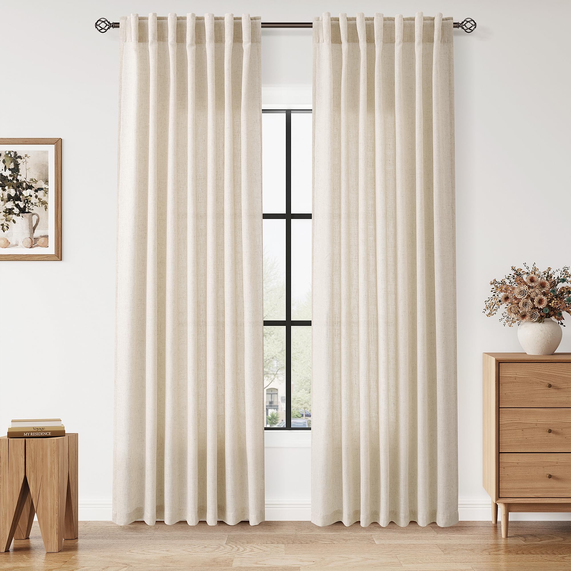 Nanspring Linen Curtains 84 Inch Length 2 Panels Set for Living Room Farmhouse Decor Light Filtering Semi Sheer Curtain Back Tab and Rod Pocket Neutral Luxury Rustic Coastal Drapes for Bedroom 52x84