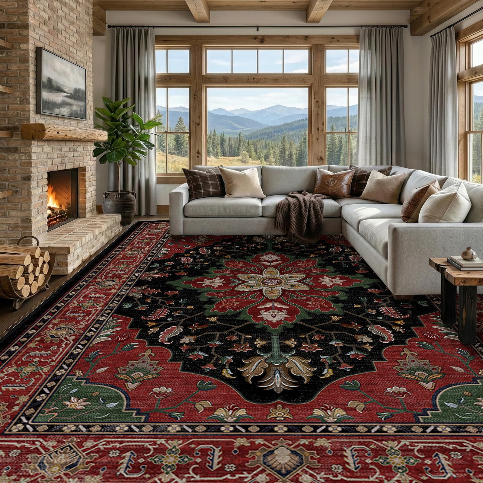 RELEANY Washable Area Rug, Large 9'x12', Red/Black