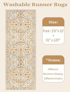 SERISSA Boho Washable Runner Rug, 2'6"x10' Rug Runner Non-Slip Vintage Light Yellow Hallway Kitchen Runner Rug Ultra Soft Print Distressed Floor Carpet Runner for Bedroom Bathroom Laundry Room