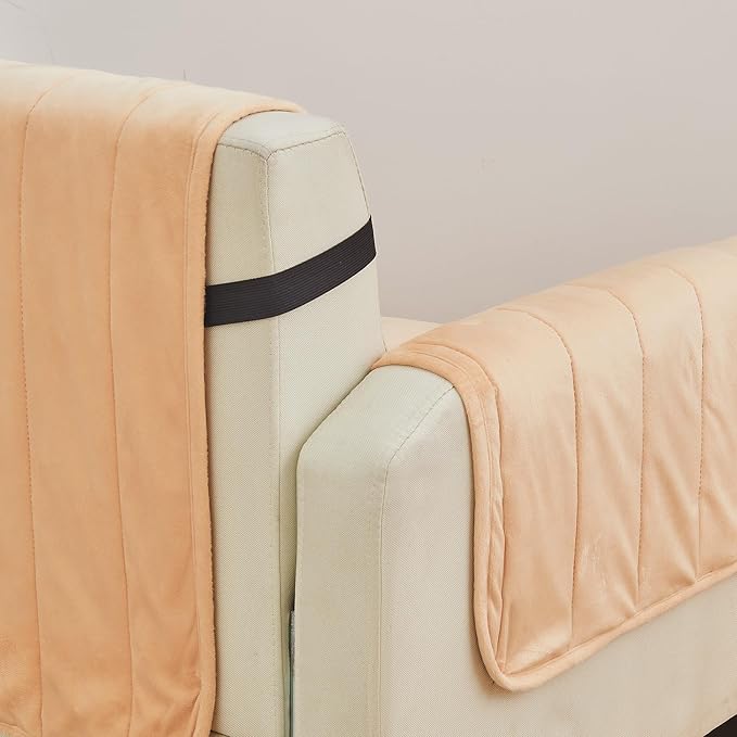 Great Bay Home Velvet Sofa Cover - Washable Slipcover Furniture Protector with Elastic Straps - Furniture Cover for Dogs, Kids, and Pets - Stitched Detail (Peach)