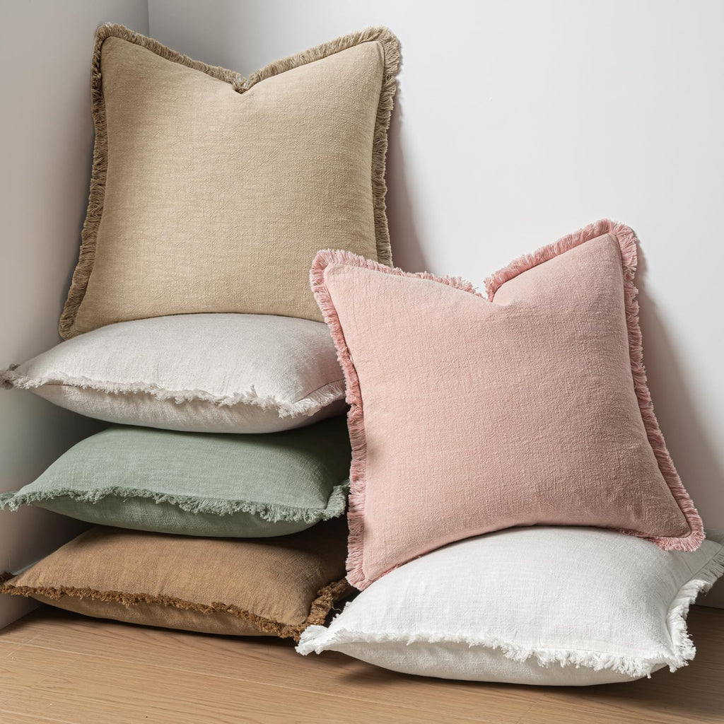MIULEE Boho Linen Fringe Decorative Throw Pillow Covers Pink 18x18