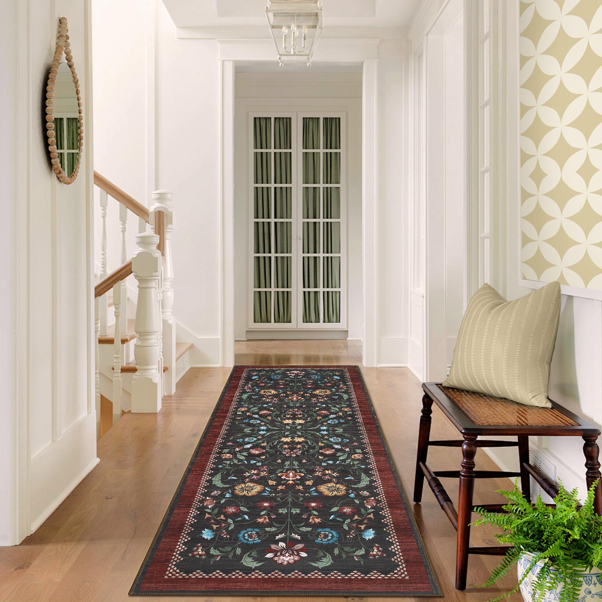 GarveeHome Floral Rug 2x6 Runners for Hallways, Boho Kitchen Runner Rugs Non Slip Bath Runners, Vintage Washable Runner Rug for Bedroom, Soft Long Rugs for Entryway Bathroom Laundry Dorm, Red