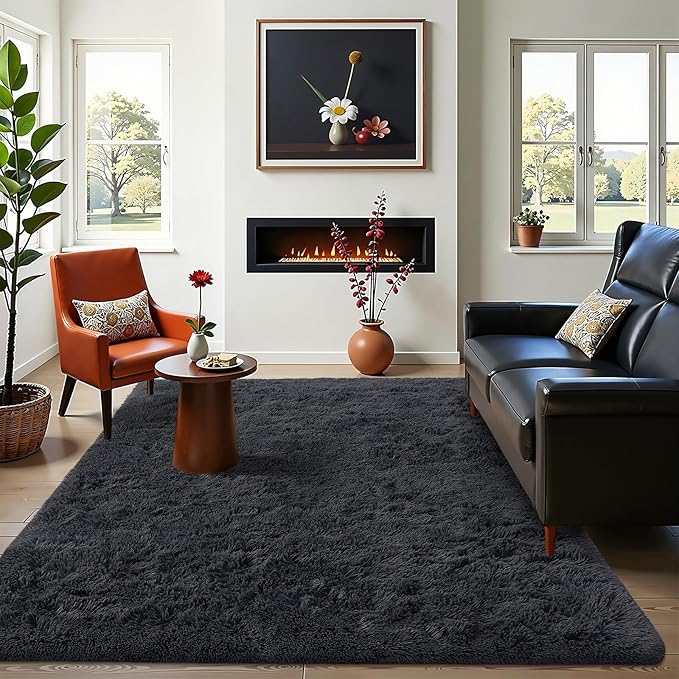 OLANLY 4x7 Area Rugs for Living Room Bedroom, Machine Washable Soft Fluffy Shaggy Bedside Rug, Indoor Floor Carpet for Kids Girls and Boys, Dorms, Nursery Rooms, Home Decor Aesthetic, Black