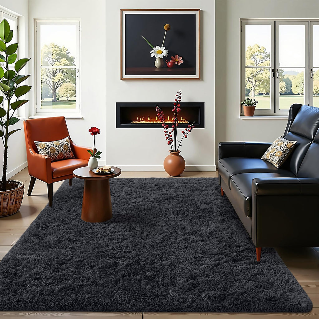 OLANLY 4x11 Area Rugs for Living Room Bedroom, Machine Washable Soft Fluffy Shaggy Bedside Rug, Indoor Floor Carpet for Kids Girls and Boys, Dorms, Nursery Rooms, Home Decor Aesthetic, Black