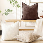 HPUK Fall Chenille Soft Throw Pillow Covers 18x18 Set of 2, Accent Cushion Covers for Living Room, Bedroom, Decorative Solid Color Pillow Covers for Couch, Sofa, Chair, Light Brown