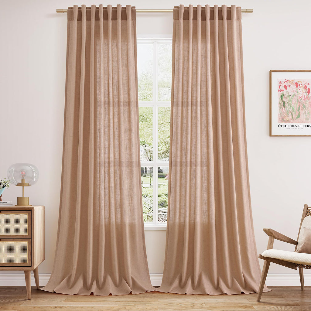 Nanspring Peach Linen Curtains 96 Inches Long Set for Baby Girl Bedroom Back Tab Rod Pocket Semi Sheer Light Filtering Drape for Bedroom Home Decor Protect Privacy 52x96,2 Panels