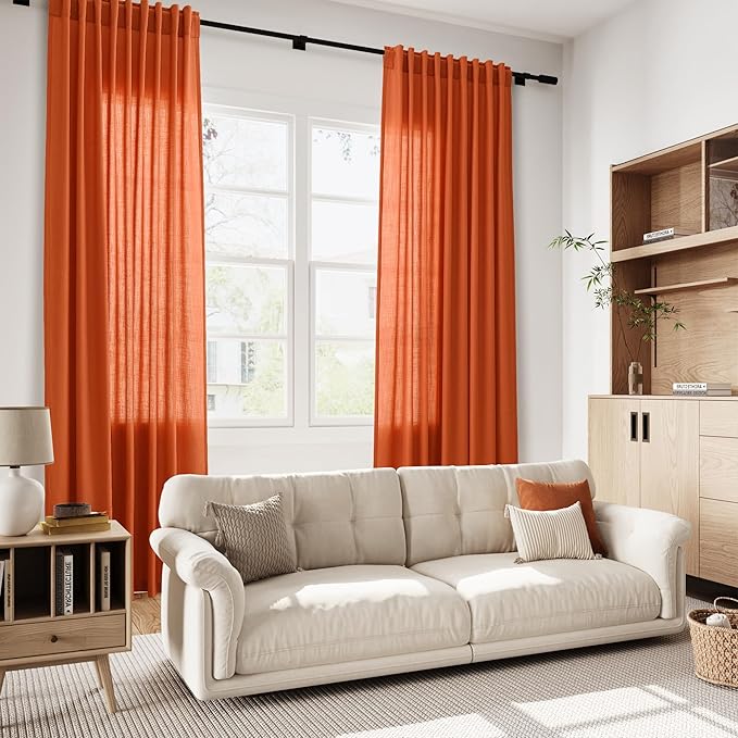 Nanspring Bright Orange Linen Blend Light Filtering Back Tab Curtains 96 Inches Long, Semi Sheer Privacy Drapes for Living Room & Bedroom, 52x96 inch, 2 Panels