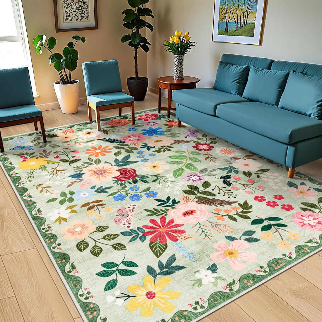PLHXFR 8x10 Area Rug Living Room: Floral Washable Boho Soft Carpet Green