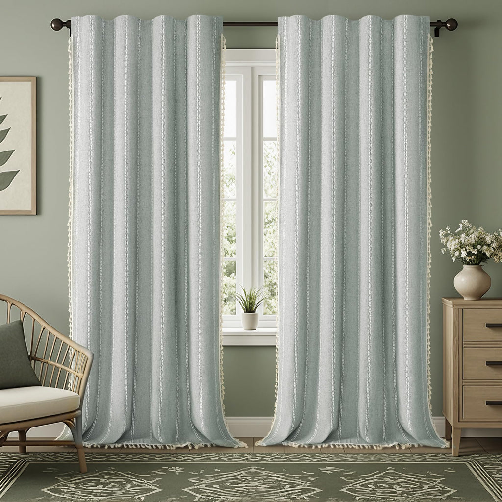 XOGUIBO Teal 100% Boho Blackout Curtains 96 Inch 2 Panels with Tassels