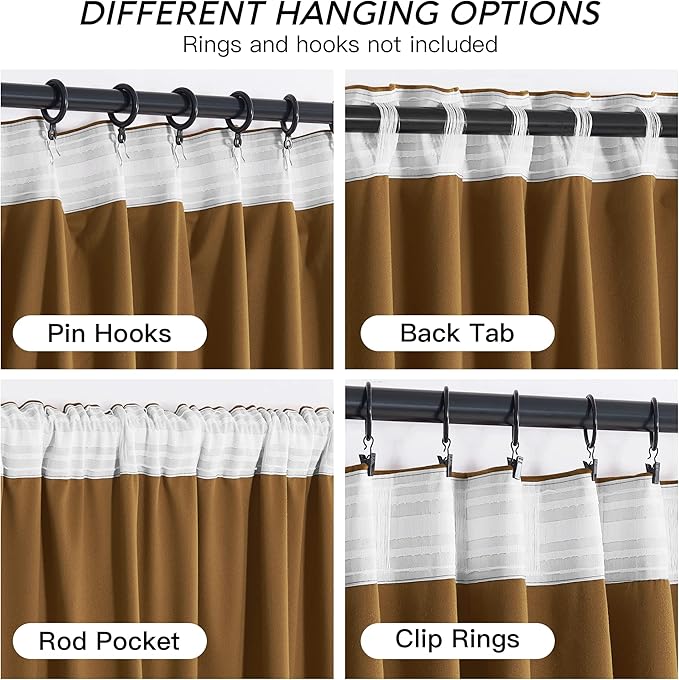 RYB HOME Gold Brown Velvet Curtains 72 inches with Hook Belt, Back Tab