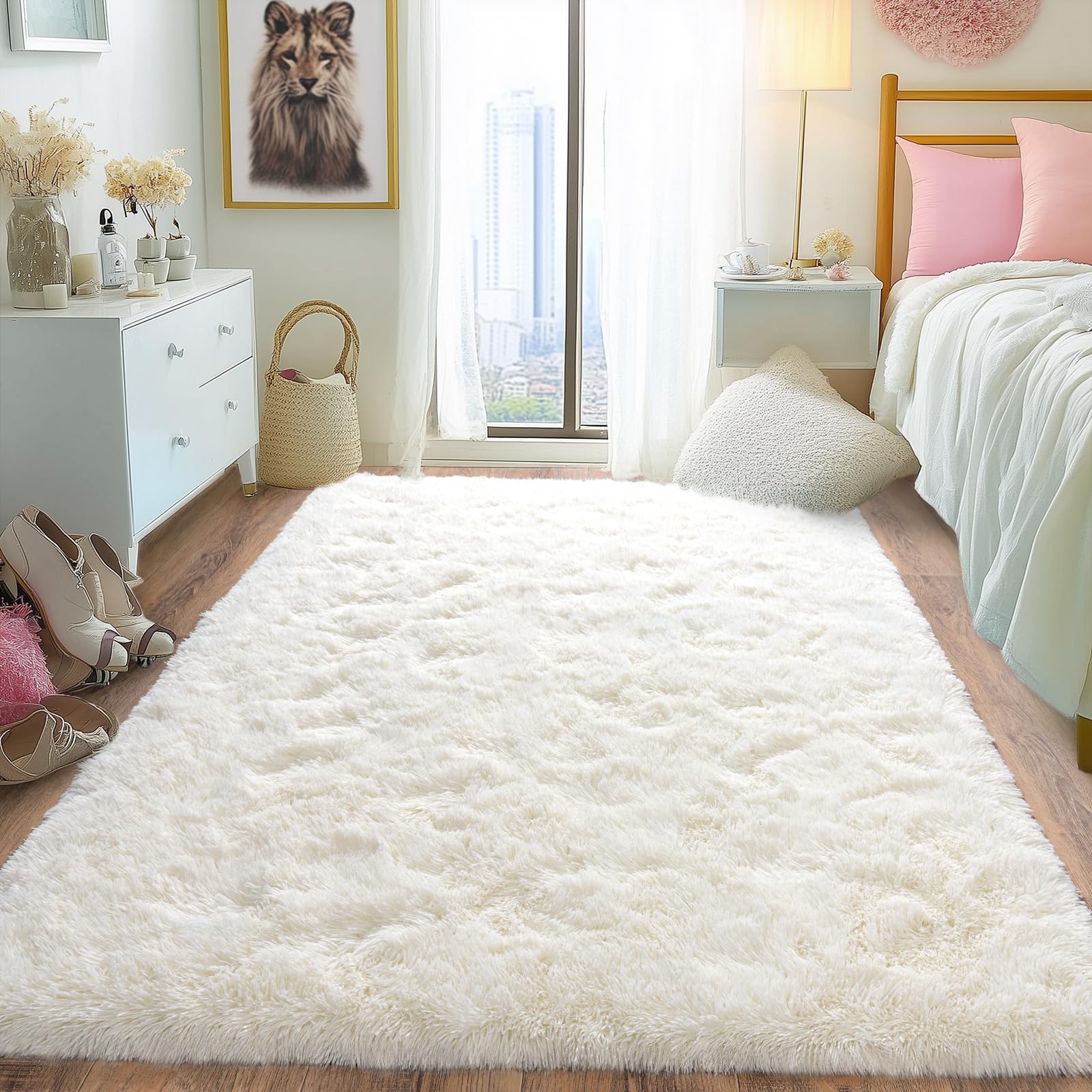 Pionblank Fluffy Area Rug for Bedroom 4x6, Indoor Plush Carpet, Cream White